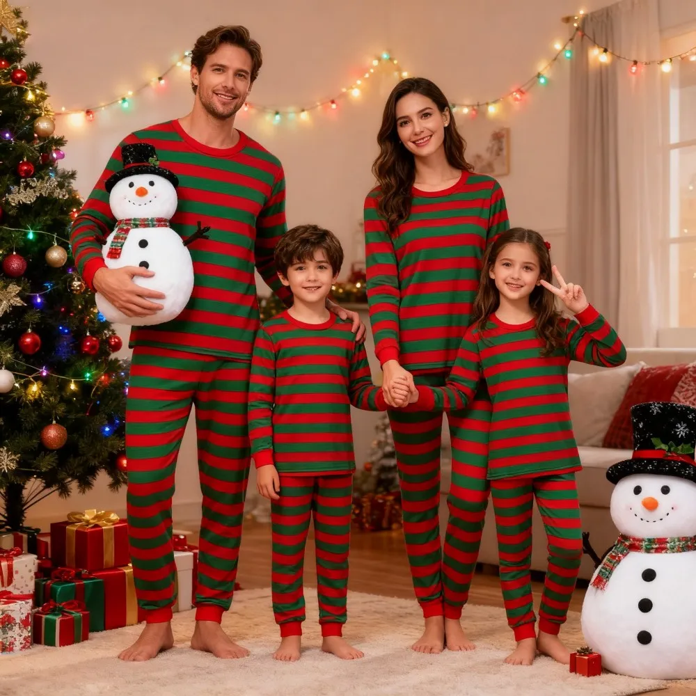 2025 New Family Mathcing Pajamas 2pcs 100% Cotton Sleepwear Suits Men Women Children Casual Comfortable Pyjama Striped Xmas Look