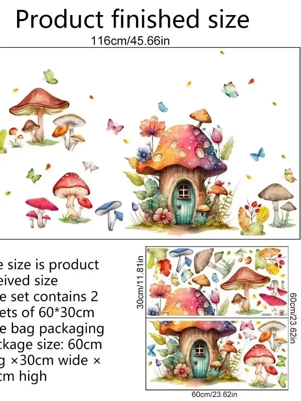 Watercolor Cartoon Forest Mushroom House Wall Stickers Kids Bedroom Self-Adhesive Background Decor