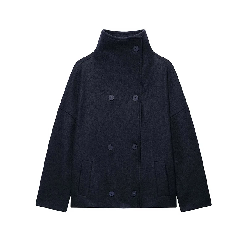 YENKYE Ladies High Neck Double Breasted Woolen Coat Side Pockets Loose Autumn Winter Warm Elegant Outerwear