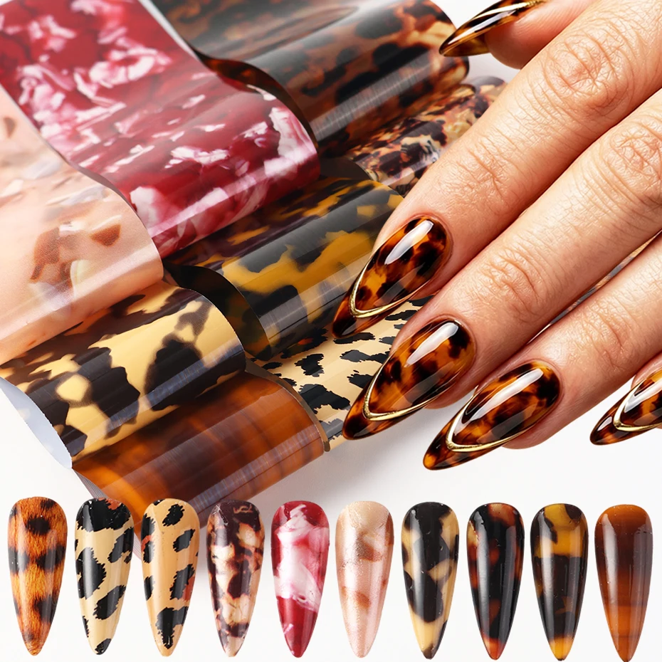10pcs Tortoise Shell & Leopard Print Nail Foil Transfer Nail Sticker Colorful Animal Fur Leopard Print Pattern Design Nail Decor