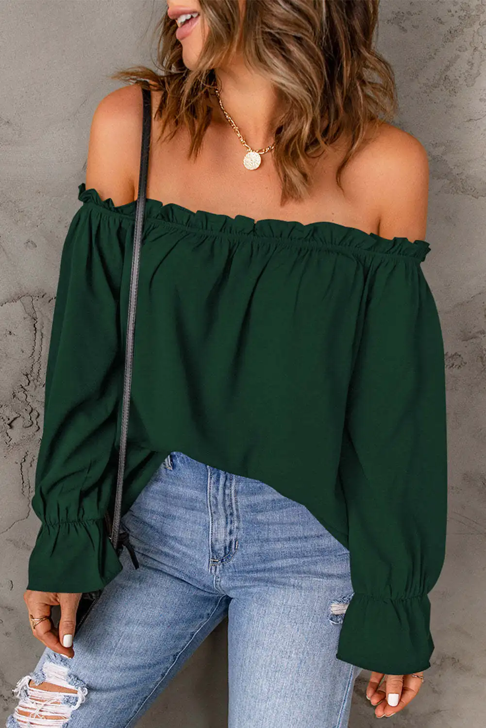 Elegant Women's Sexy Blouse2023 Spring/Summer One Line Neck Solid Color Pullover Off Shoulder TopsLady Casual Long Sleeve Shirt