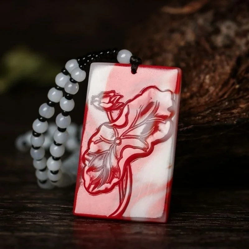 Xinjiang Hetian Jade Golden Jade Chicken Blood Jade Carved Lotus Brand Pendant for Men and Women Joker Pendant