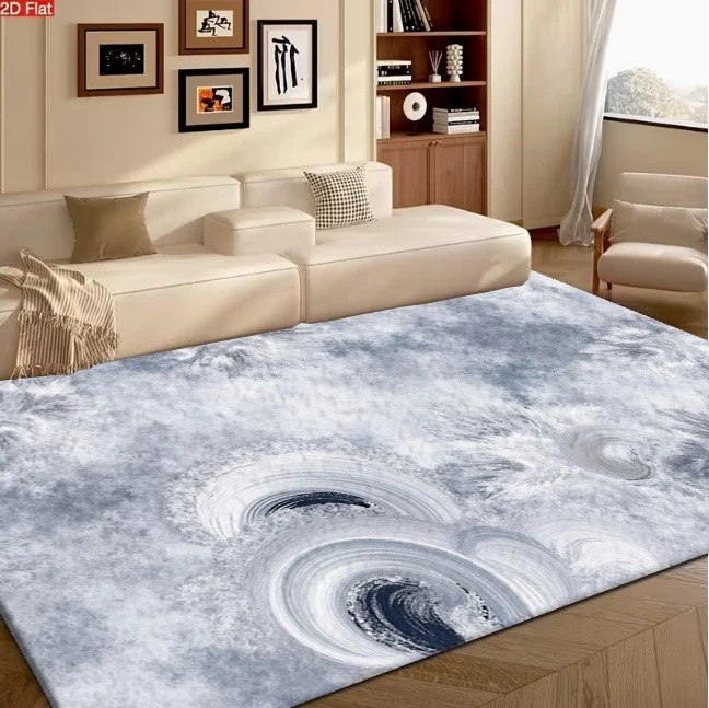 Grey-White Abstract Swirl Marble Carpet Flooring, Soft Cloud Texture Non-Slip Area Rug for Bedroom Living Room Modern Home Decor