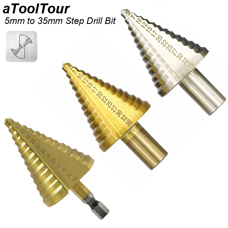 

Stepped Drill Bit 5-35mm Step Cone Drill TiN Coated Straight Groove Hole Cutter HSS Round Shank Step Drill Bit