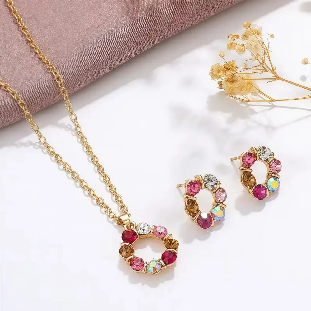 3pcs Gold Color Earrings Set Exquisite Stained Simple Style Earring Jewelry Sets Circle Shape Design Glass Diamond Jewelry Set