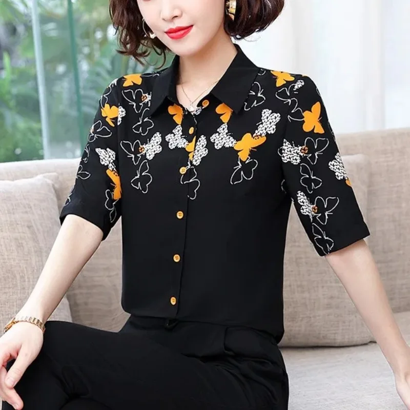 

Summer Women's Clothing Turn-down Collar Short Sleeve Button Contrast Color Printing Floral Cardigan Shirt Casual Elegant Tops