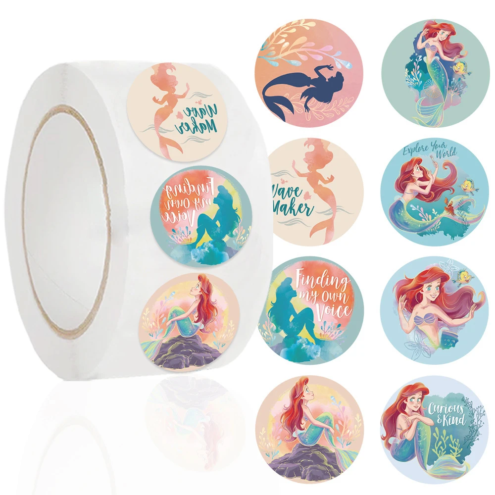 500pcs/Roll Cute Princess Ariel Stickers Disney The Little Mermaid Decal DIY Laptop Journal Guitar Classic Sealing Label Sticker