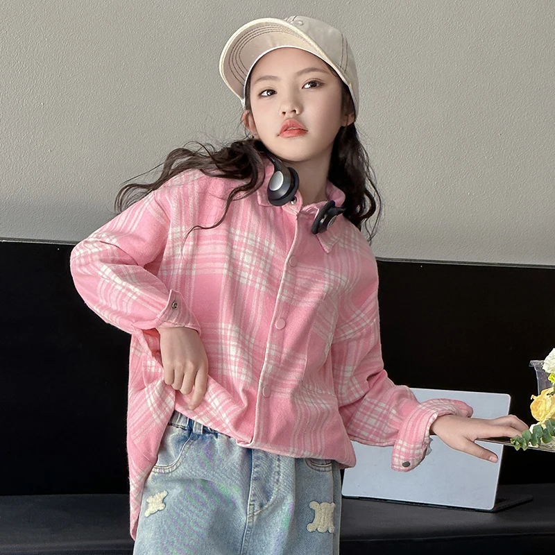 Leisure Girls Blouse Loose Fashion Plaid Shirt Casual Versatile Check Shirt Childrens Summer Coat Long sleeved Girls Autumn wear