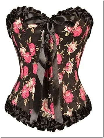 

Rose Print With Satin Bow Burlesque Corset Women Waist Cincher Overbust Corsets