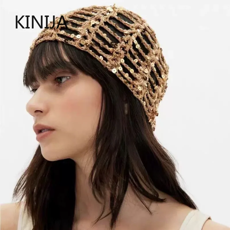 2pcs Ins Style Sequined Hollow Knitted Triangle Scarf Hat Women Summer Travel Photo Atmosphere Versatile Y2K Beanies Headband