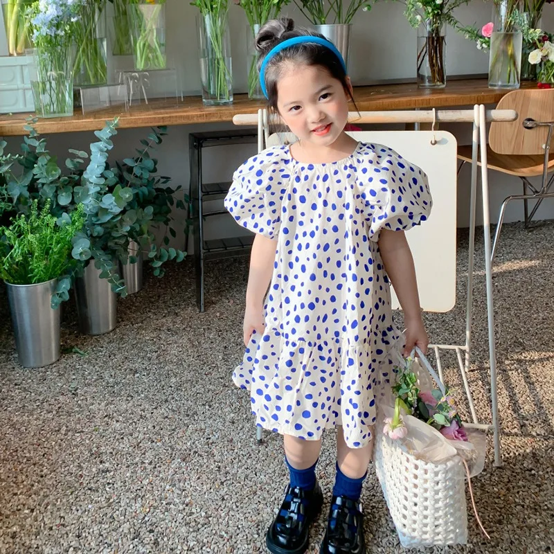 Summer Children Girl Princess Dresses Floral Polka Dot Dress Short Sleeves Crew Neck Puff Sleeves Fashion Sweet Kids Girls Dress