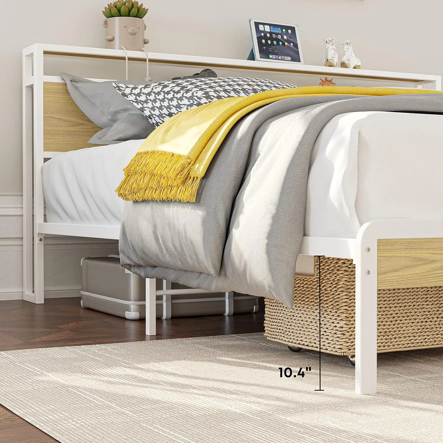 Queen Bed Frame, Platform Bed Frame with 2-Tier Storage Headboard and Strong Support Legs, More Sturdy, Noise-Free