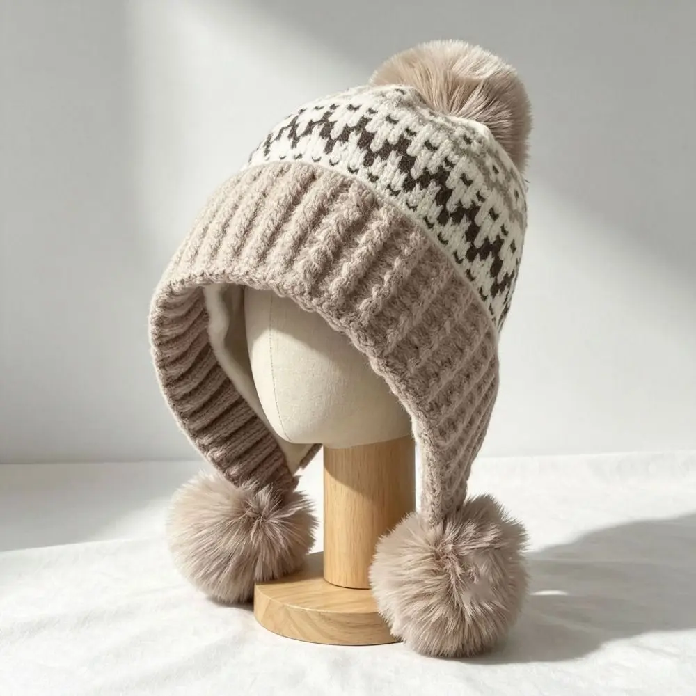 Polyester Material Ear Flap Knitted Hat with Pom Poms Face Slimming Design Winter Knit Hat Ear Protection 52-58CM Cold Proof Hat