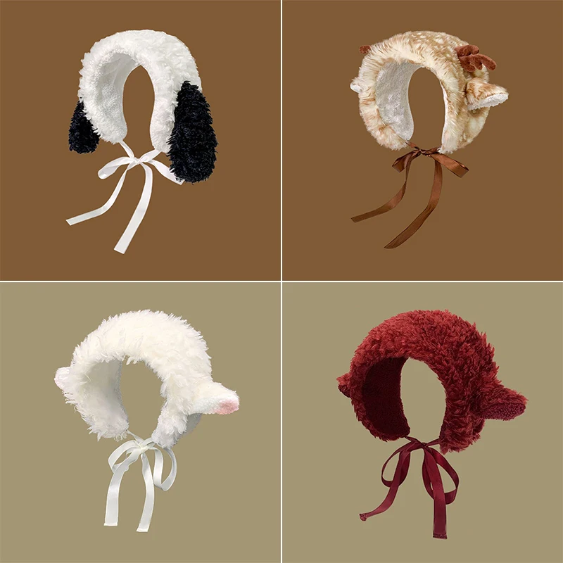 Orejeras japonesas con orejas de cachorro para mujer, gorro de felpa de otoño e invierno, diadema esponjosa, correas cálidas con astas, gorros con protección para los oídos