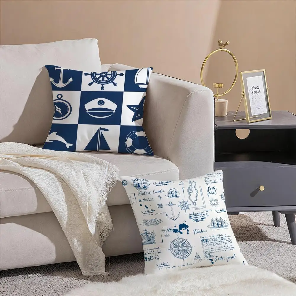 O-Ocean Blue Compass with Anchor Art Cushion Cover Throw Pillow Cover Hidden Button Durable Polyester Chair Cushion