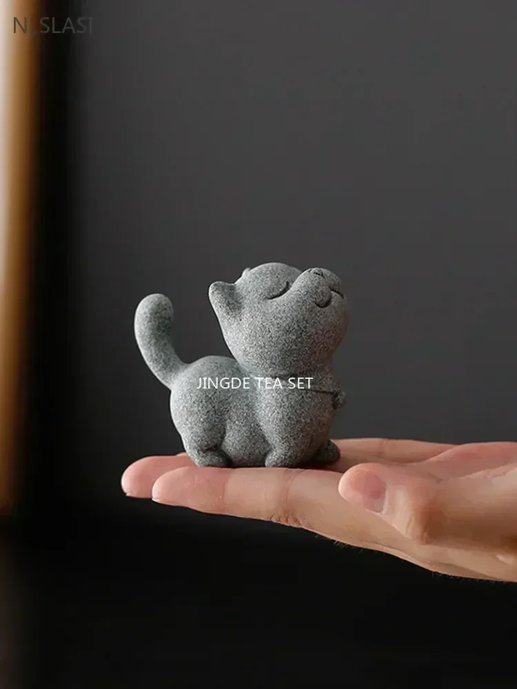 Stone Carving Kitten Sculpture Handmade High Quality Tea Pet Chinese Tea Tray Decoration Fish Tank Potted Tabletop Ornaments