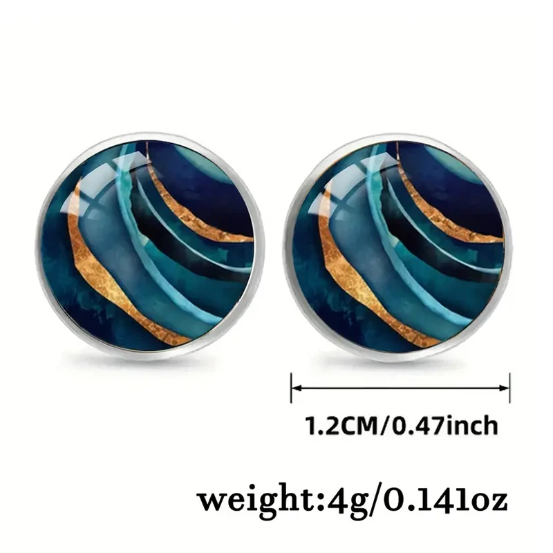 Blaue Marmor strukturierte Glaskuppel Ohr stecker Vintage Edelstahl künstlerische ästhetische Ohrringe für Frauen – Detail 1