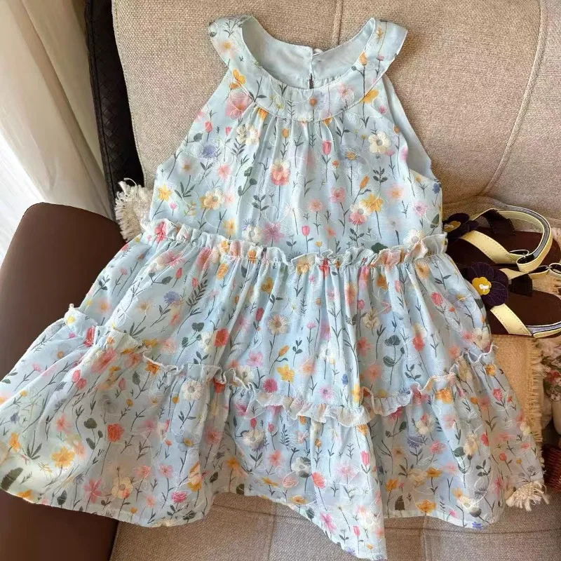 Summer Girls Halter Floral Dress 2026 Trendy Halter Design Delicate Floral Print Sweet and Lovely Light Style Suitable for Daily