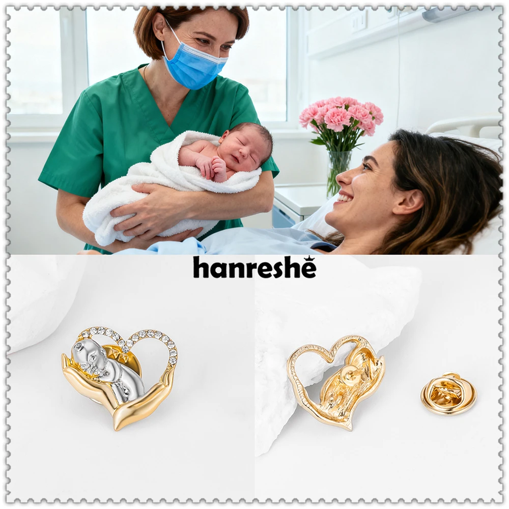 Hanreshe Obstetrics Newborn Pin Medical Copper Metal with Crystal Baby Brooch Lapel Badge Jewelry for Obstetrician Midwife Gifts