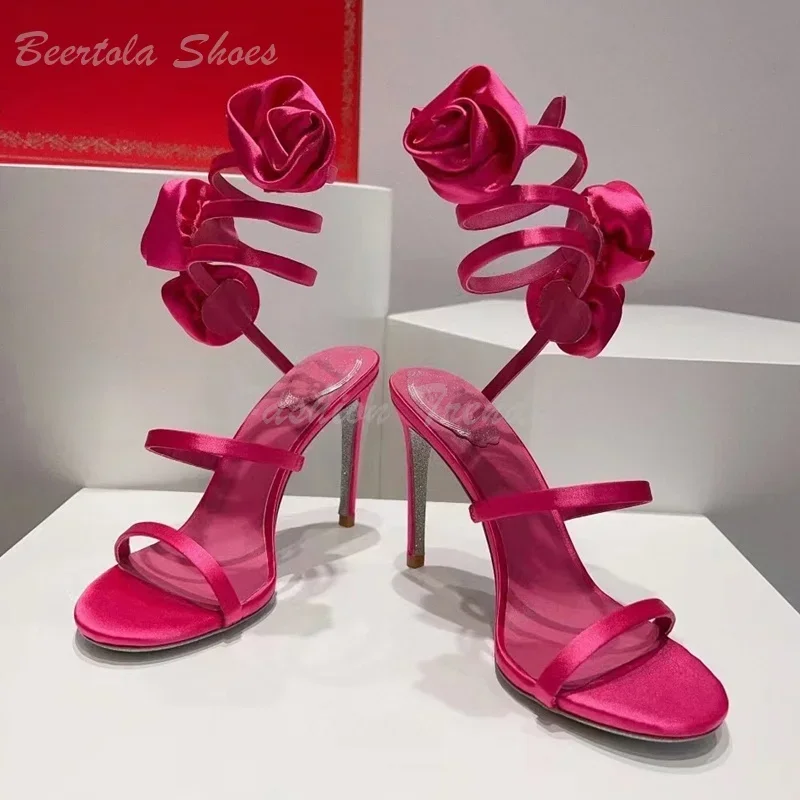 

White Satin Floral Wrap Around Heels Woman Gold Satin Open Sandals Elegant Rose Red Slingback Pump Shallow Hollow Dress Shoes