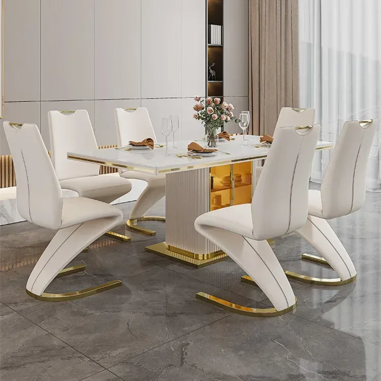 Luxury slate marble modern stainless steel rectangular white dining room table set with 6 seater restaurant 4 chair furniture