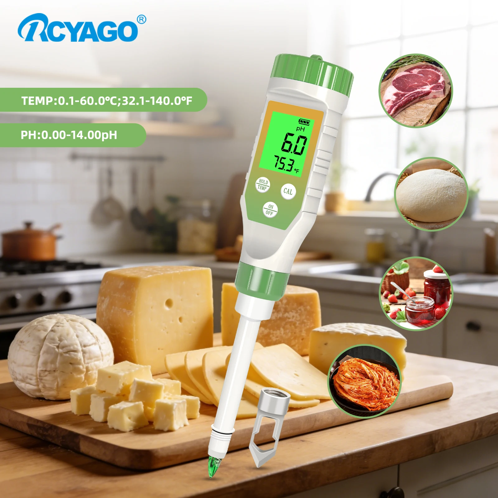 RCYAGO Medidor de pH para alimentos con resolución de pH 0,01 con sonda de lanza Probador digital con ATC para queso, masa fermentada, carne, suelo, agua enlatada