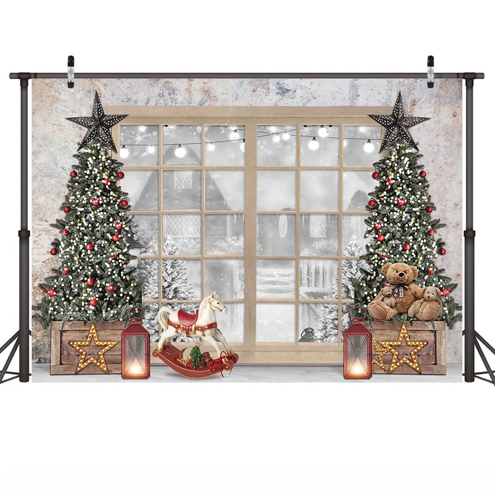 雪に覆われた窓の背景,クリスマスツリー,クマのおもちゃ,冬のパーティーの装飾,ポートレート写真撮影