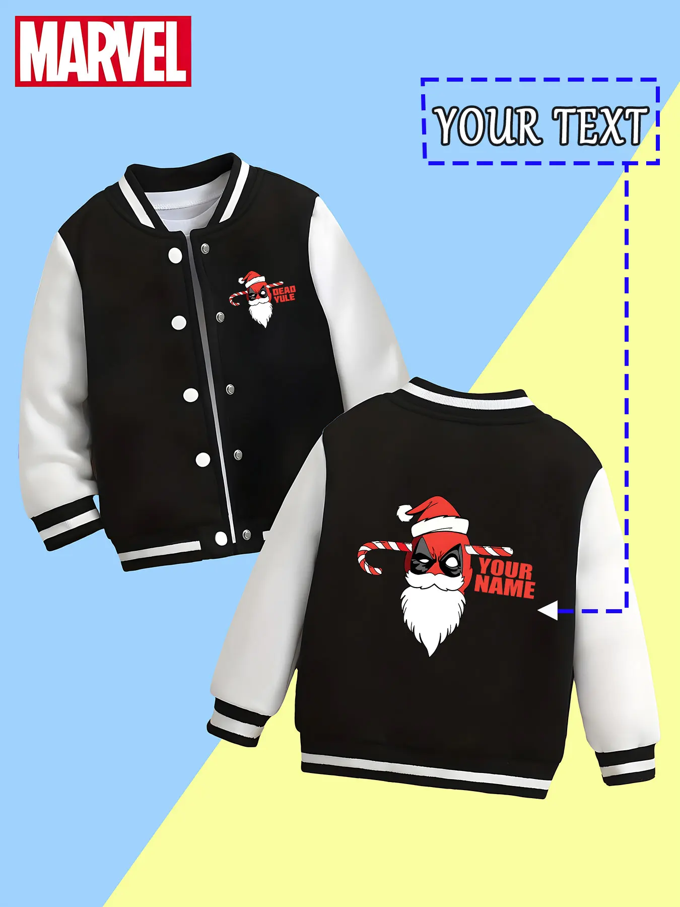 

MINISO Marvel Boys Baseball Jacket - Christmas Deadpool print, full of festive atmosphere, warm and appropriate for autumn and w