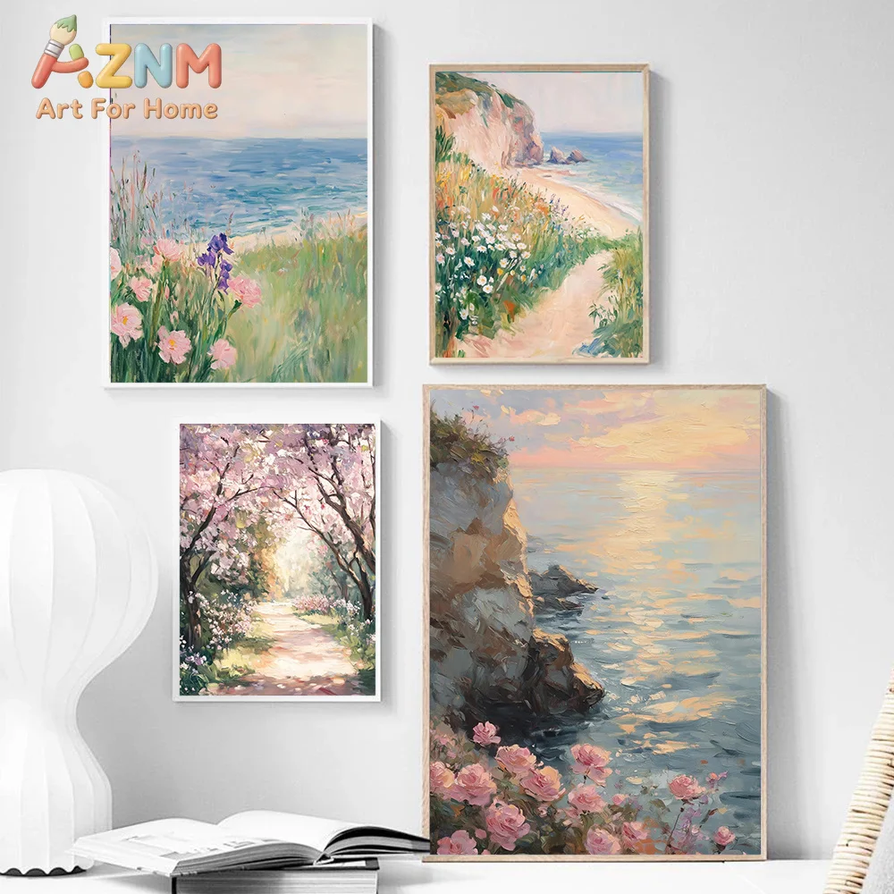 AZNM Vintage Impressionist Landscape Canvas Wall Art Forest Sea Coast Cottage Church Cherry Blossom Floral Scenery Print for Hom