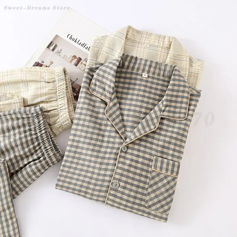 日本の市松メンズパジャマセット男性春秋綿パジャマホーム服長袖トップパンツシンプルなスパースター Mujer
