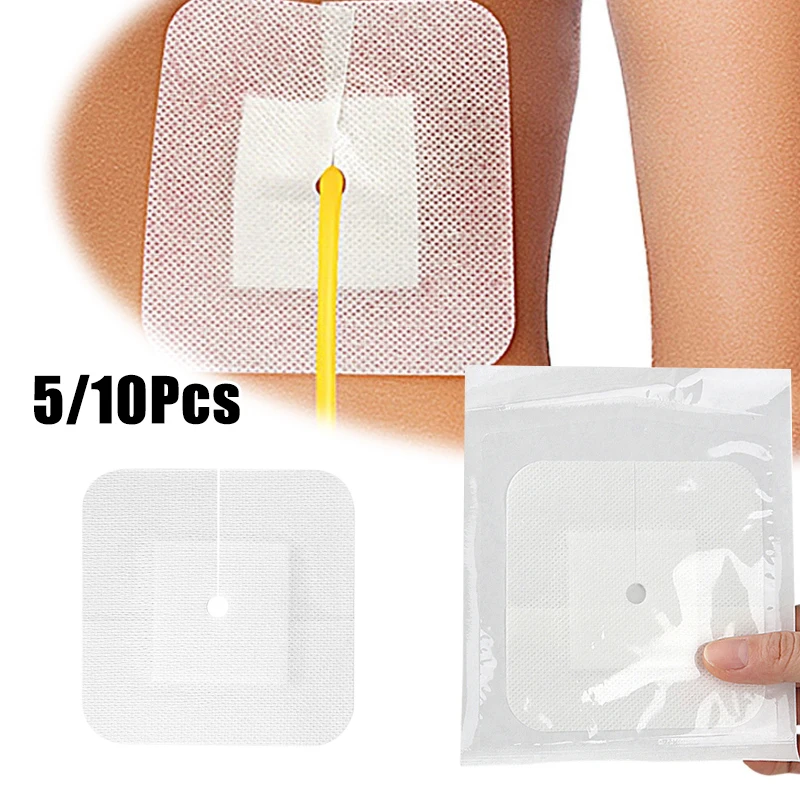

10/5Pcs Medical Drainage Tube Sterile Wound Dressing Non-Woven Patch with Hole for Renal Puncture Urinary Catheter Fixation