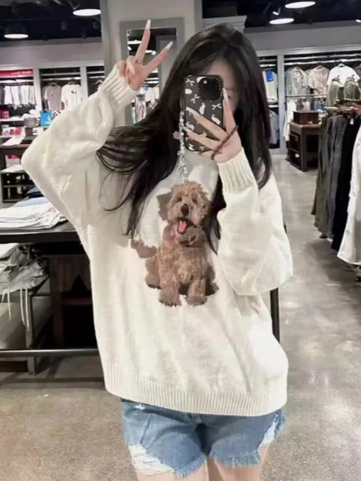 

Y2k Kawaii Cute Knitted Pullovers Women Korean Sweet Harajuku Dog Cartoon Print O-nek Loose Sweater Autumn Tops Mujer Jumper New
