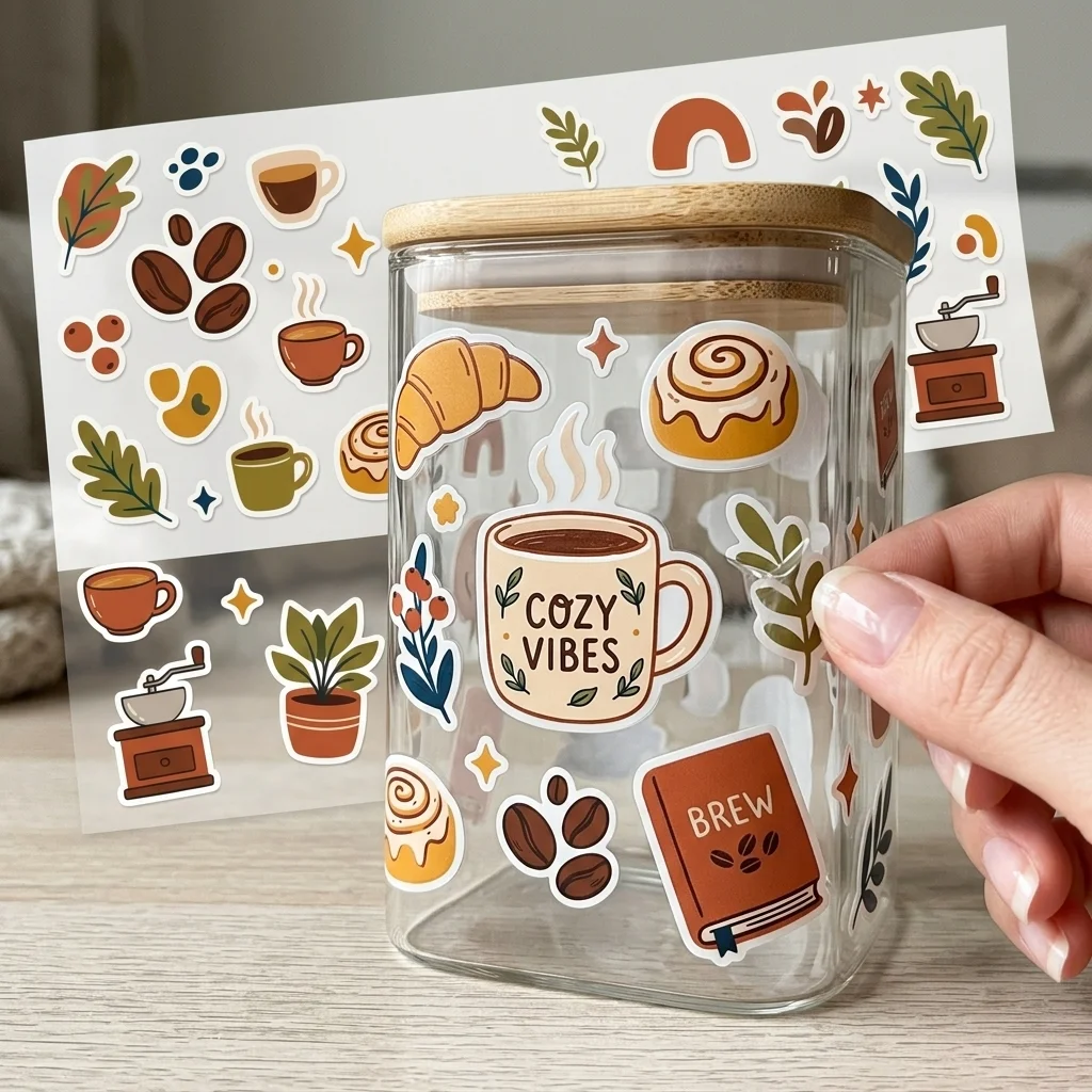 Cozy Coffee UV Transfer Stickers Waterproof Cafe Themed Decals for Glass Jars, Cups, Mugs, Bottles, Laptops, Notebooks DIY Decor