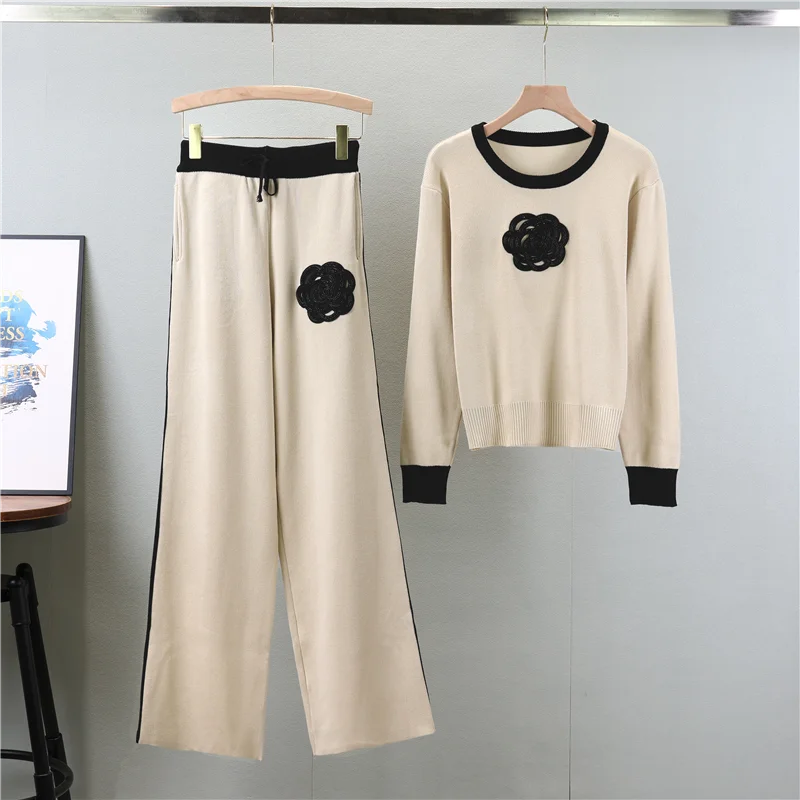 2024 Autumn New Knitted Loose Women Pant Suits O Neck Female Pullover Suit Fashion Wide Leg High Waist Pants Set
