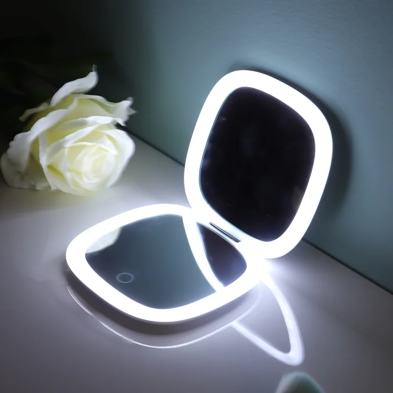 New Unique 2023 High Gloss Double Sided LED Travel Mirror With Lights 10X Enlarged Pocket Portable Light Mirror