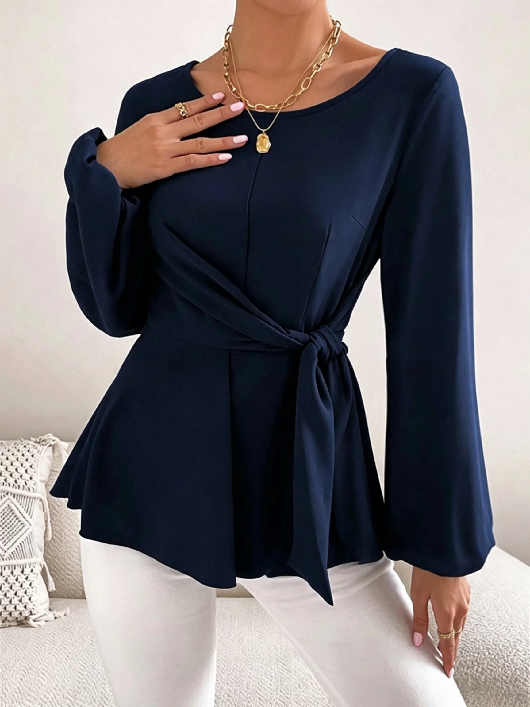 Women's Long Sleeve Top T-Shirt Wrap Waist Peplum Blouse For Office Party Wear Elegant O‑Neck S‑XXL Navy Autumn Slim Fit Shirt