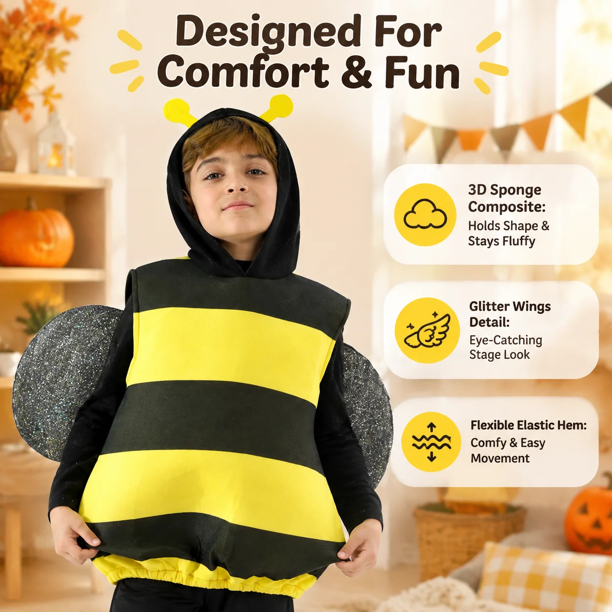Kids Bee Outfit, Children Bee Sleeveless Hooded Vest with Wings, Party costumes, halloween costumes, cosplay carnival costumes - view 6