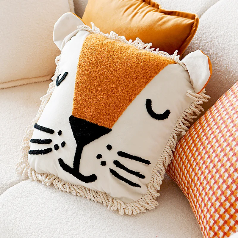 Funda de almohada nórdica de felpa bordada, cojín de sofá de Animal lindo, funda de cintura, funda de almohada decorativa para el hogar, 45x45CM