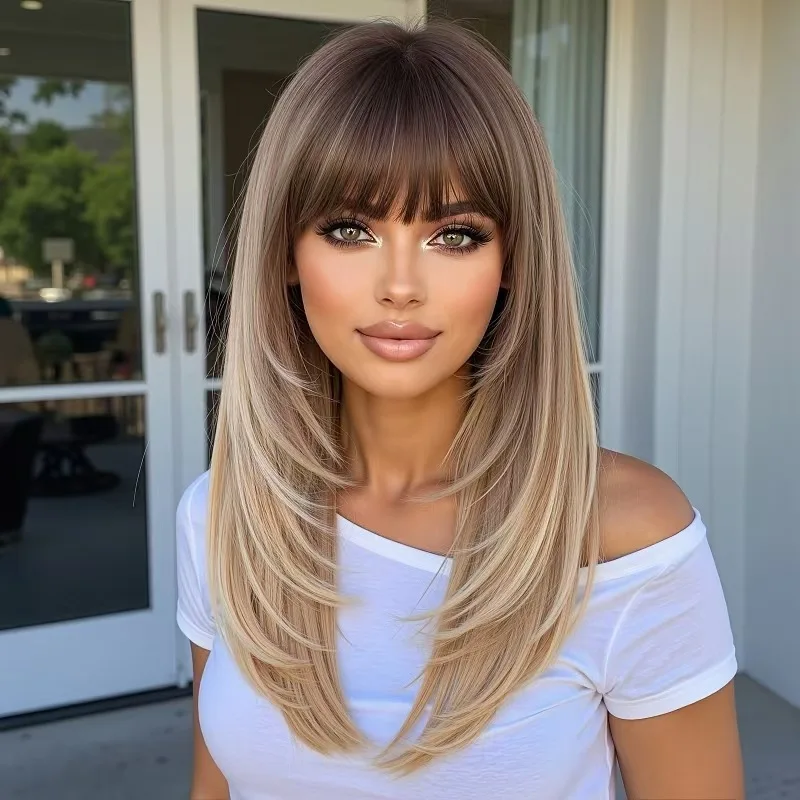 

Европейский и американский интеллектуальный парик для женщин с прямой текстурированной волосиной средней длины, машинной работы, золотистый, с челкой восьмиобразной формы