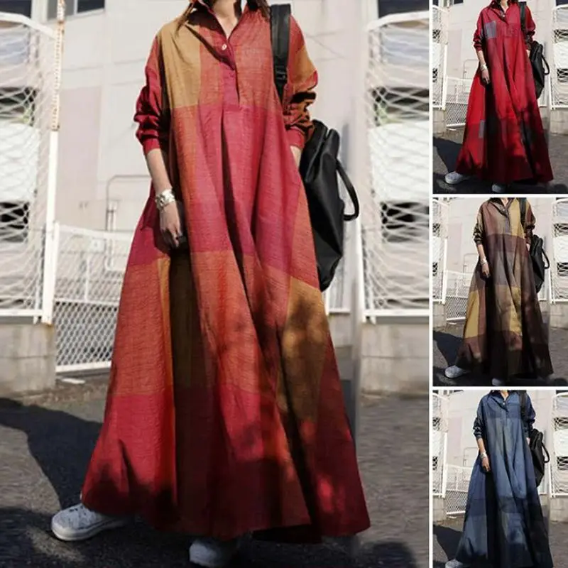 Autumn Large size casual dress 9XL 8XL fashion ladies cotton and linen lapel retro print pocket loose long sleeve pullover dress