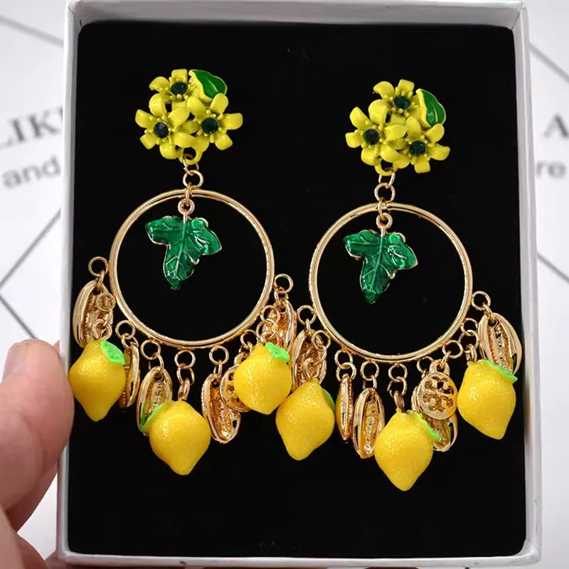 New fresh with alloy oil drop diamond lemon earrings with exaggerated holiday style enamel fruit earrings