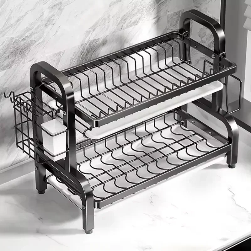 NEW SALE Dish Drying Rack 2-Tier Compact Kitchen Dish Rack Drainboard Set Large Rust-Proof Dish Drainer with Utensil Holder