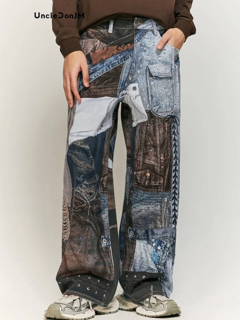 

Retro Patchwork Digital Print Jeans 2024 Autumn and Winter American Baggy Pants