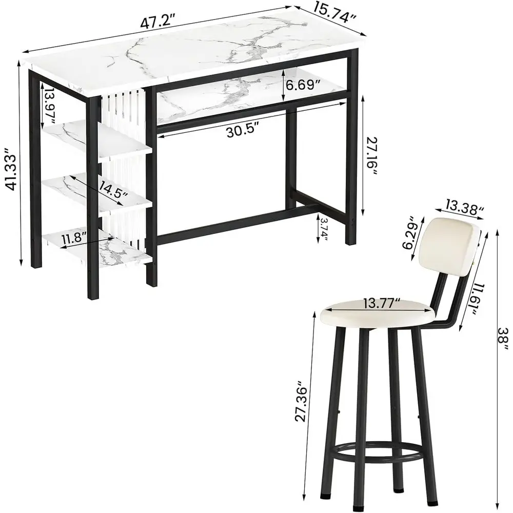 Ensemble de table de bar moderne 3 pièces en faux marbre blanc avec cadre noir et 2 tabourets de bar rembourrés, comprenant des étagères de rangement à 3 niveaux pour