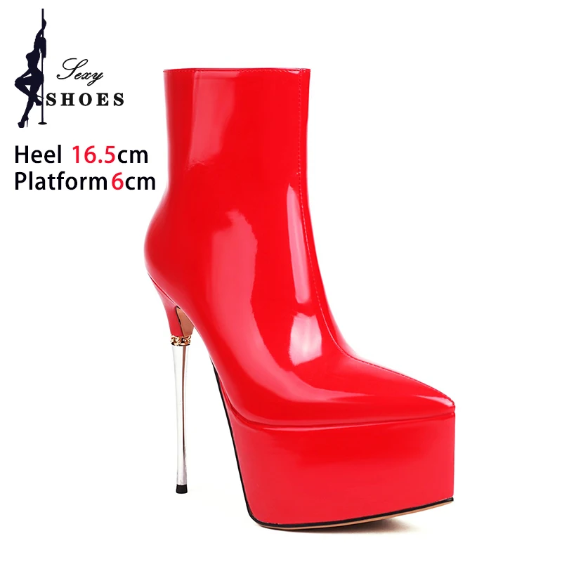 

Red Ankle Boots 16.5CM Platform Super High Heels Botas De Mujer Plus Size Patent Leather Fetish Shoes Women Pointed Zipper Boots