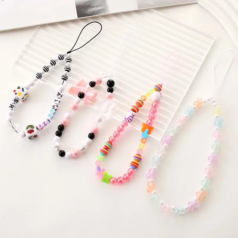 Trendy Colored Love Teddy Bear Bow Beaded Phone Chain Lanyard Star Butterfly Anti Slip Wristband Tellphone Case Rope Jewelry