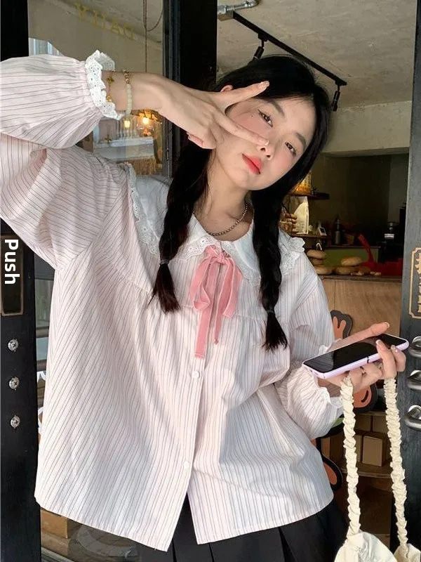 

Loose Long Sleeve Doll Collar Striped Shirt Sweet Japanese Style Inner Wear for Girls Autumn Winter New Arrival Teenage Fashion