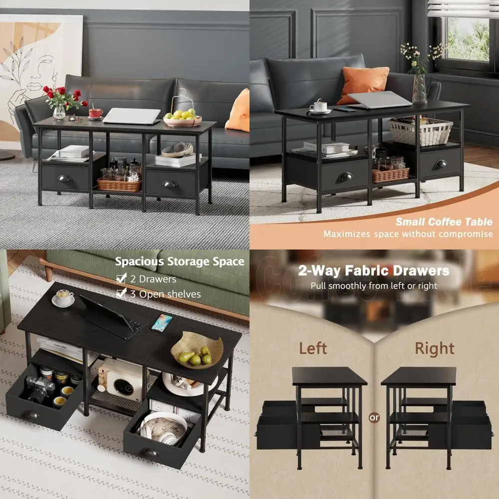 

Modern Black Coffee Table with Storage Drawers and 2-Tier Shelf for Living Room