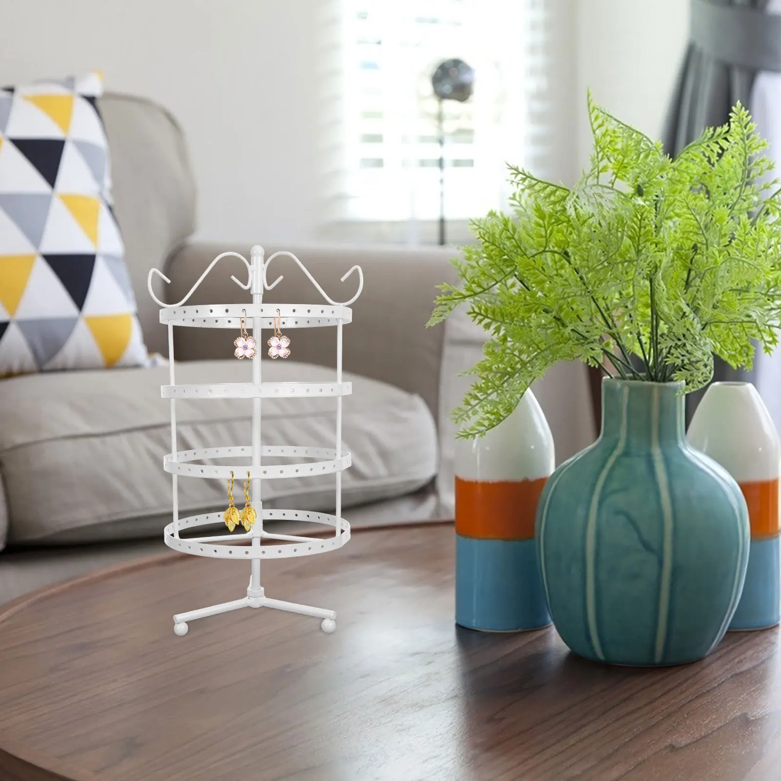 4-Tier Rotating Earrings Display Stand 144 Holes Metal Jewelry Holder Size M White Perfect for Home Store Earring Display Stand