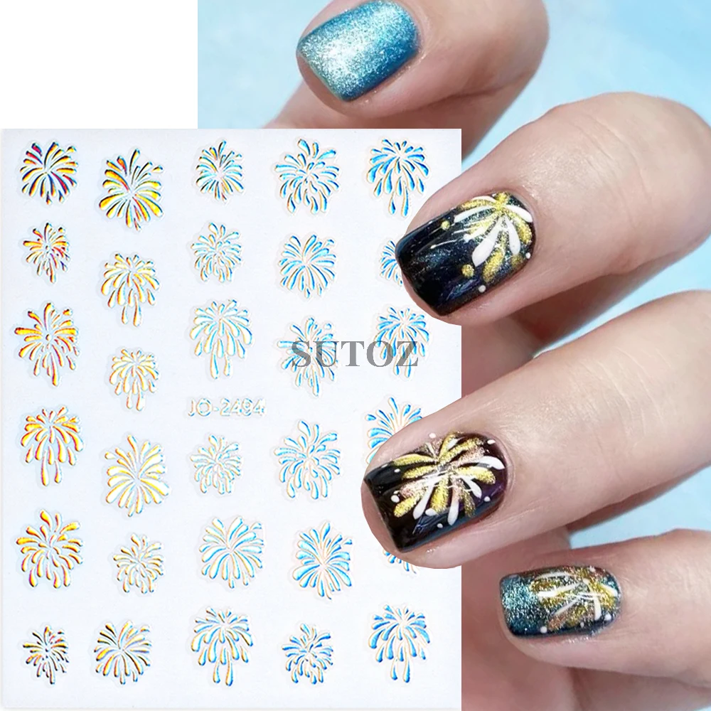 Holografisch Vuurwerk Nail Art Stickers Laserontwerp Goud Zilver Kleurrijk Vuurwerk Schuifregelaars Nieuwe Jaar Manicure Decors LEBJO-2494